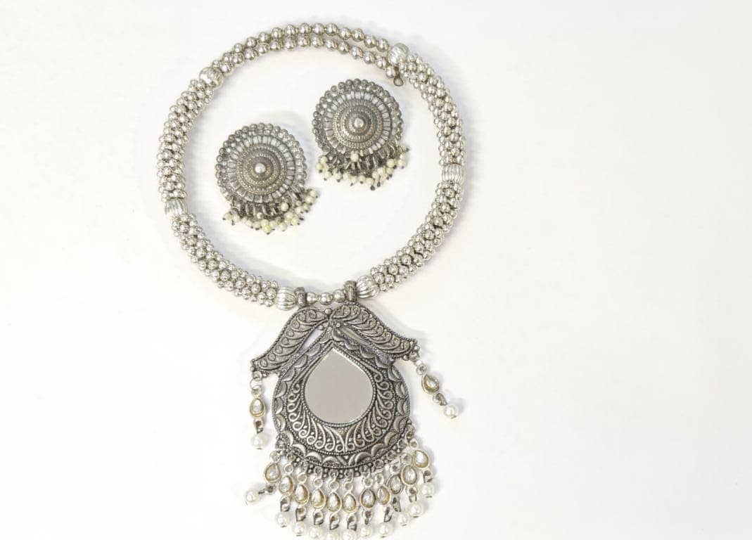 Oxidised Mirror Necklace Earrings